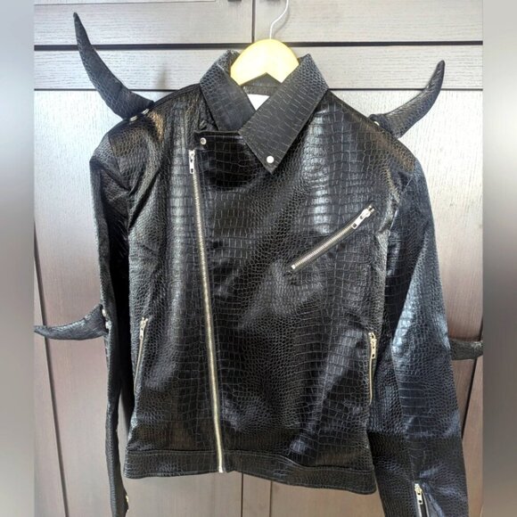 Men's Crocodile Pattern Vegan Leather Jacket with Magnetic Horns -NWT size S - Picture 6 of 8